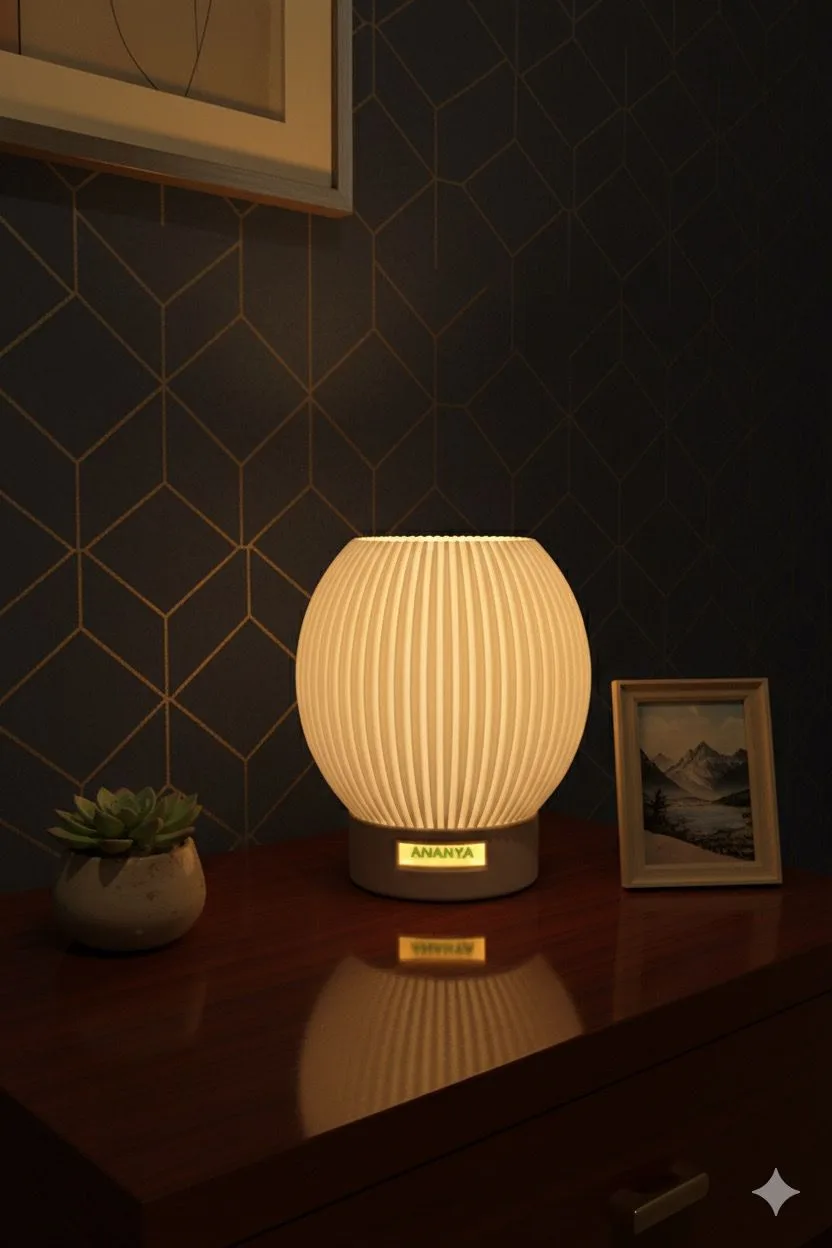 Handcrafted 3D Printed Decorative LED Table Lamp with Warm White Glow | Modern Ribbed Globe Design with Customizable Name Plate – Perfect for Bedroom, Living Room, Gifting & Home Décor (With Customised name)